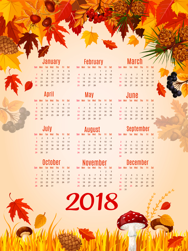 Kalender-Schablonenvektor 05 der Herbstart 2018  
