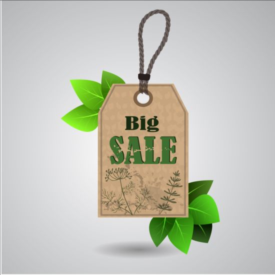 Big sale tag with green leaves vector 02  