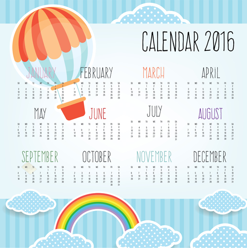 Calendar 2016 and hot balloon rainbow with cloud vector  