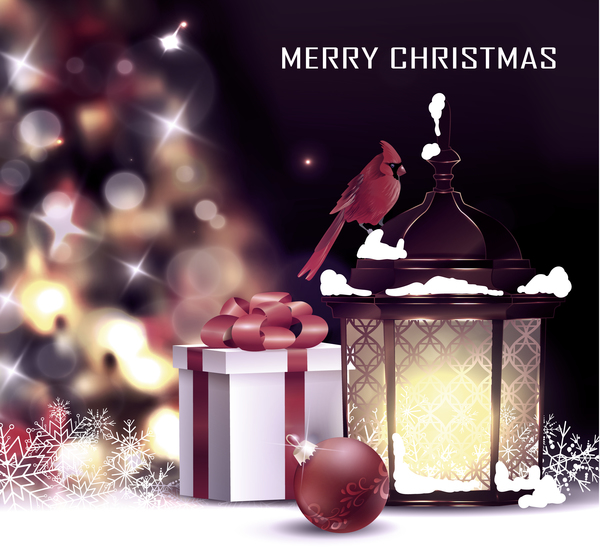 Christmas Blur achtergrond met lantaarn en geschenkdoos vector 01  