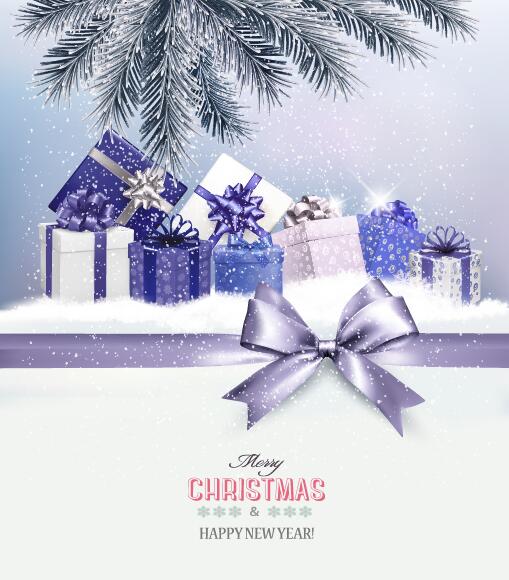 Christmas with new year gift card with purple bow vector  