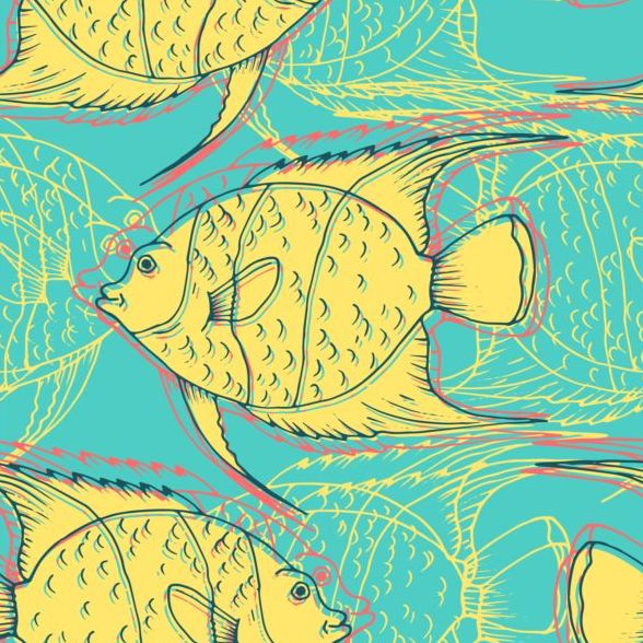 サンゴ礁の魚たち手の描かれたベクターのシームレスなパターン 13  