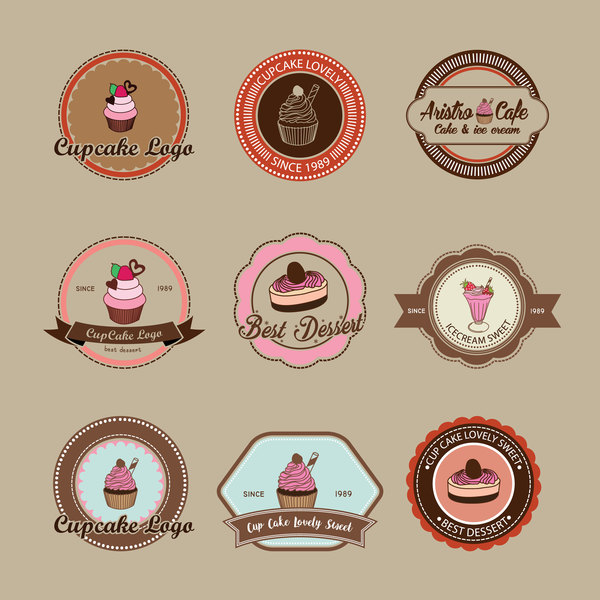Cup cake badge with labels retro vector 05  