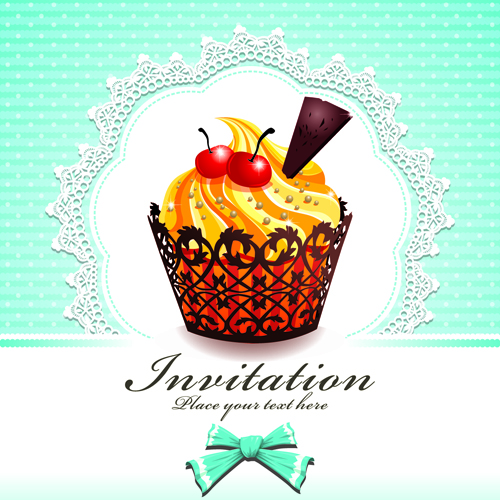 Cute Cupcakes Invitations cards vector set 02  