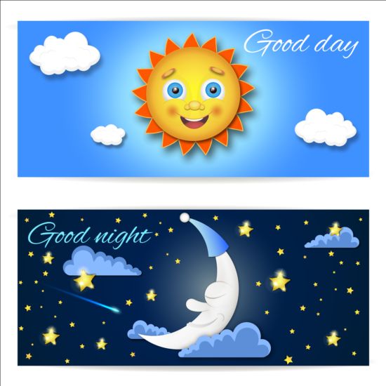 Day and night cartoon vector banner  