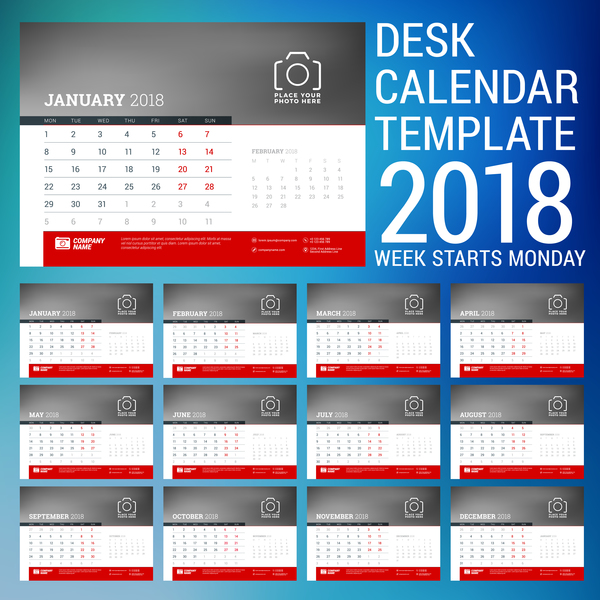 Modèle de calendrier de bureau 2018 vector 01  