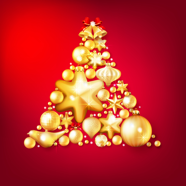 Gold christmas baubles with red background vector 01  