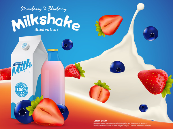 Milkshake avec des éclaboussures de lait et des baies affiche vector modèle  