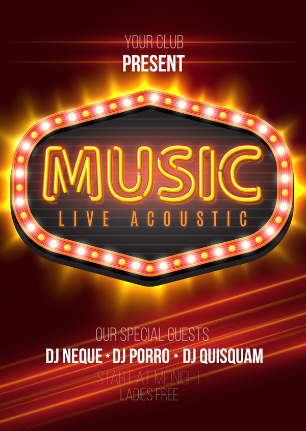 Music party flyer with neon sign vector 01  