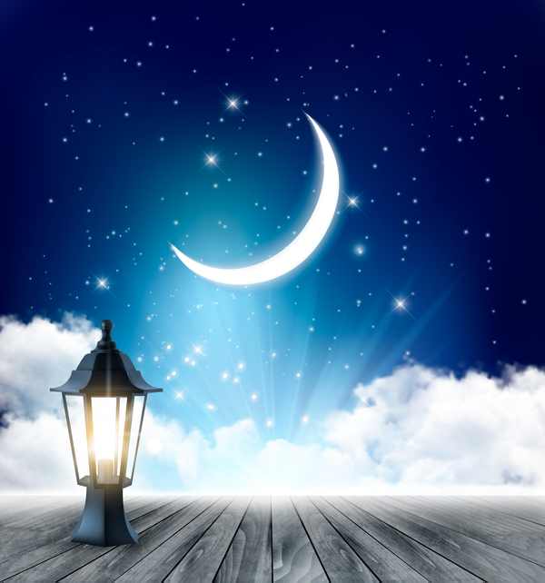 Night background with crescent moon and wooden floor and lamp vector  