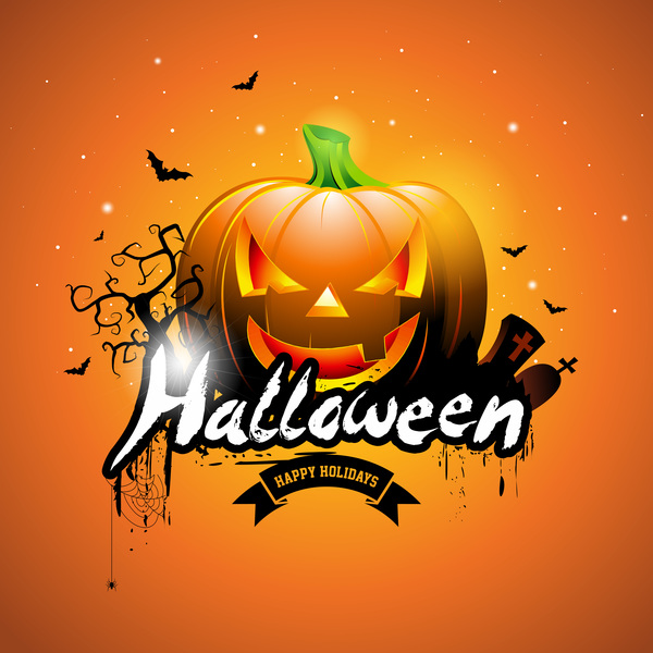 Orange halloween background with pumpkin vector  