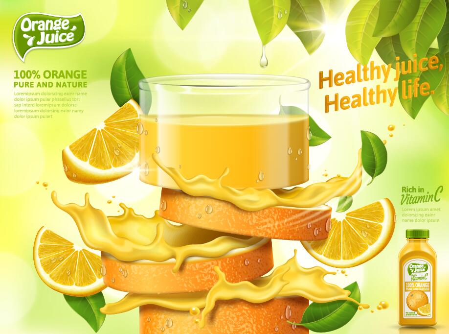 Orange pure and nature juice poster design vector 01  
