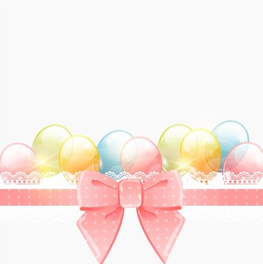 Fiocco rosa con cartolina di compleanno e vettore colorato palloncino  