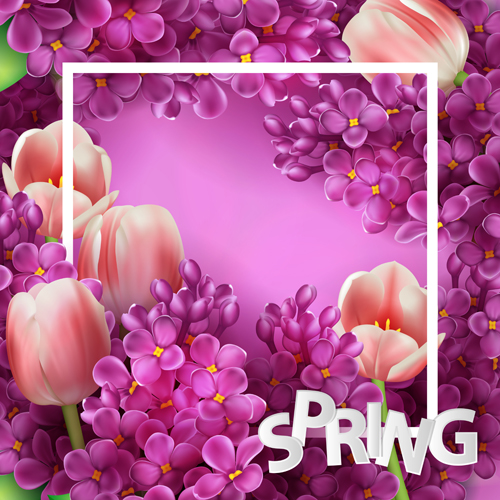 Purple lilac flowers and pink tulips background vector 01  