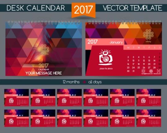 Retro Skriv bords kalender 2017 vektor mall 08  