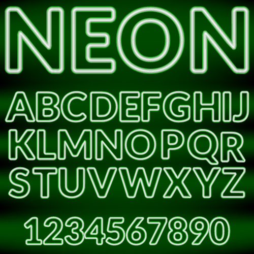 Alfabeto neon verde lucido e vettore numerico  