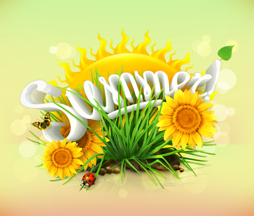 Summer sun with sunflower art background  