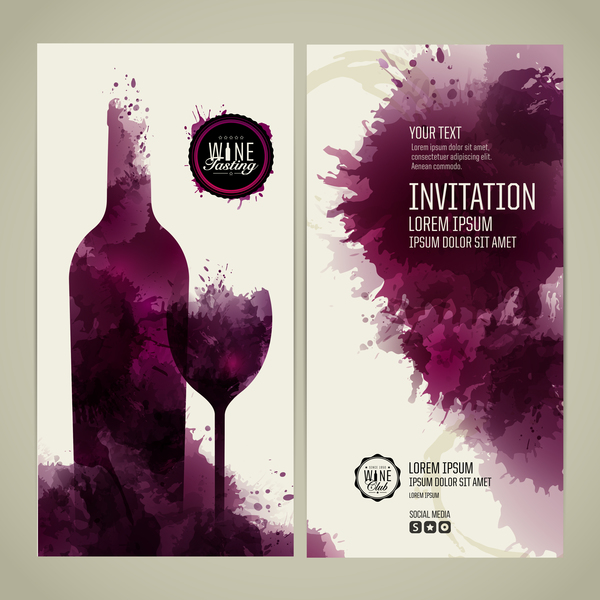 水彩スタイルのワイン招待カードベクトル02  