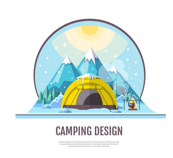 冬のキャンプテントの背景ベクトルのデザイン06  