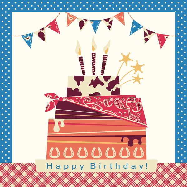 白いベクトルにケーキとカウボーイの誕生日カード  