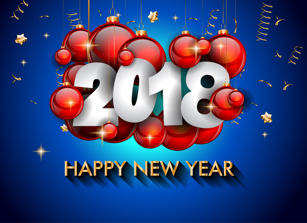Ballon rouge de nouvel an 2018 avec vecteur de fond bleu  