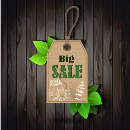 Big sale tag with green leaves vector 01  