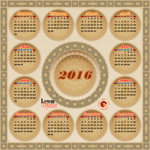 Circular Calendar 2016 vintage vector 01  