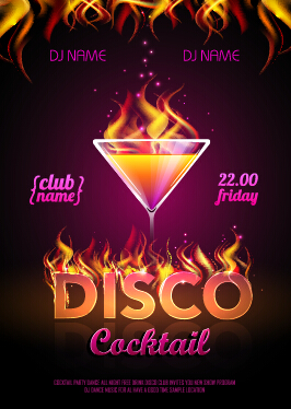 Cocktail disco night party poster vector set 07  