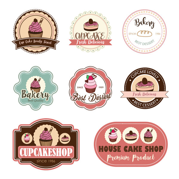 Cup cake badge with labels retro vector 14  