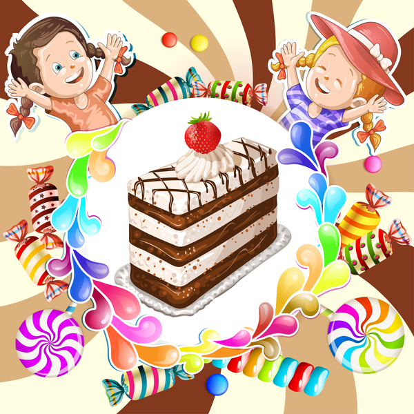 ケーキとお菓子とかわいい子供たちベクター素材 07  