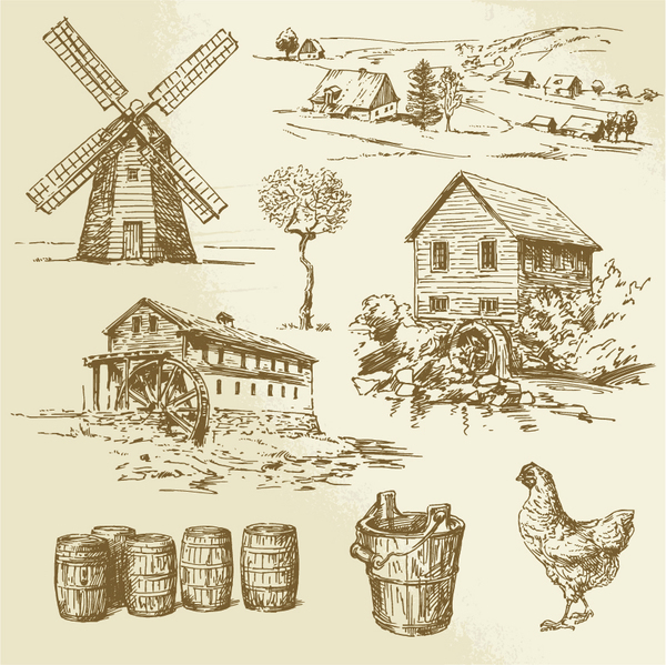 Bauernhof Hand gezeichnete Skizze Vektor  