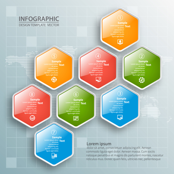 Glas strukturierter infographic Schablonenvektor 02 des Hexagons  