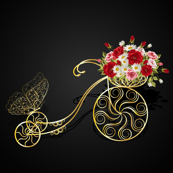 Golden bicycle with flower basket vector 02  
