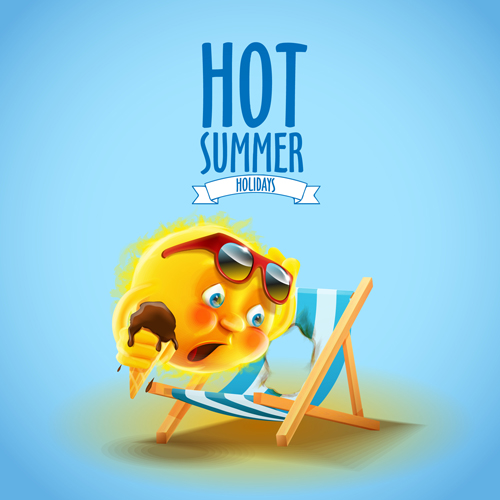 Hot summer holiday background with funny sun vector 03  