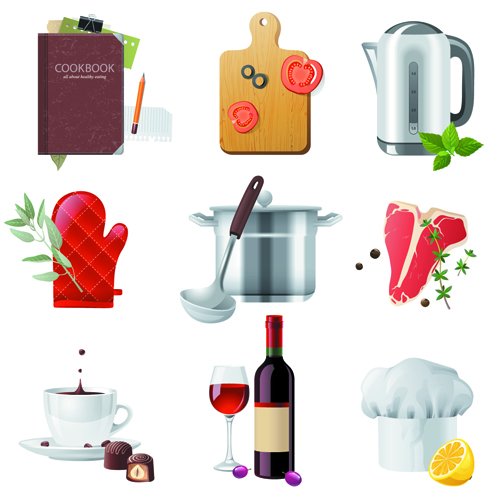 Shiny food cooking icons vector 03  