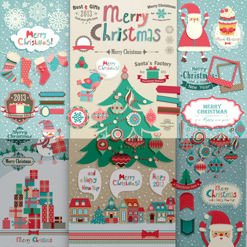 Vintage Christmas labels and elements vector set 02  