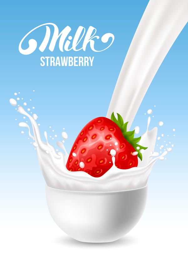 Splash milk with strawberry background vector 02  