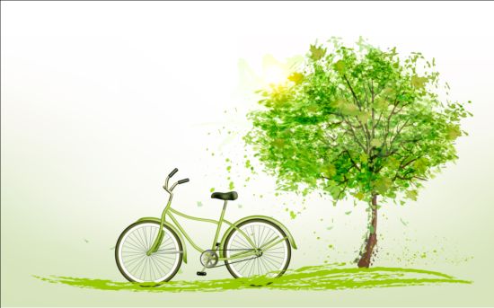 Летний фон с зеленым деревом и велосипедным вектором  