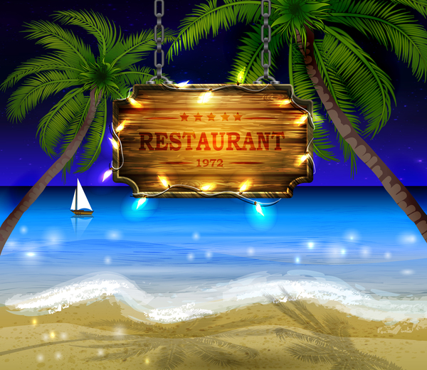 Summer beach with wooded sign vector background 08  