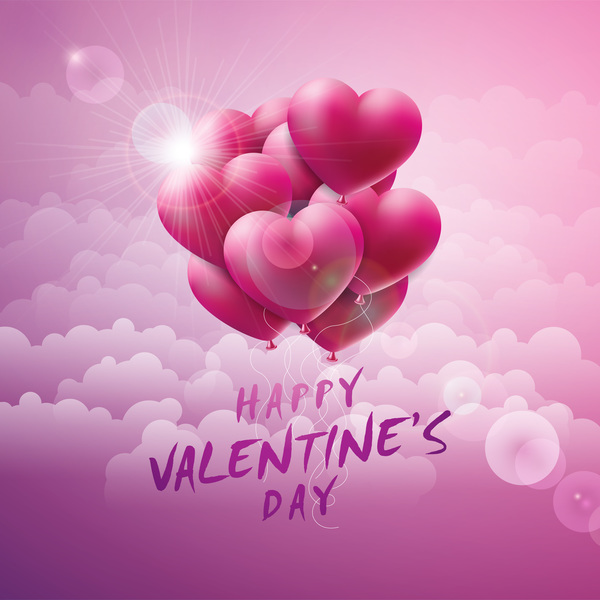 Valentinsgrußkarte mit Herzballon und Wolkenvektor  