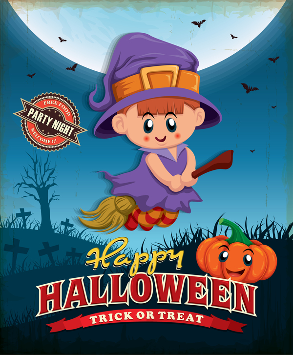 Vintage Halloween poster cute design vector 02  