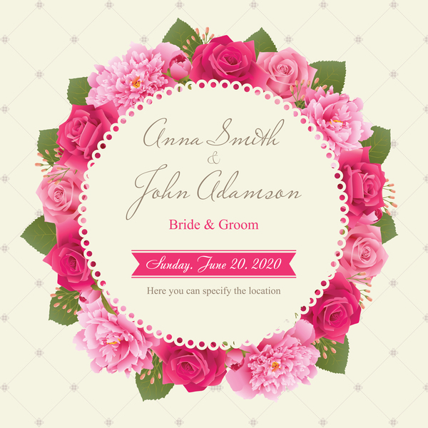 Wedding card with peony and pink roses vector 06  