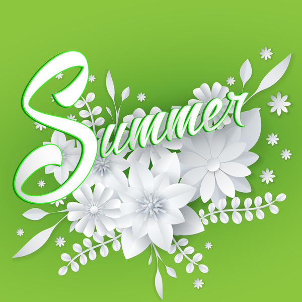 緑の夏の背景ベクトルと白い花  