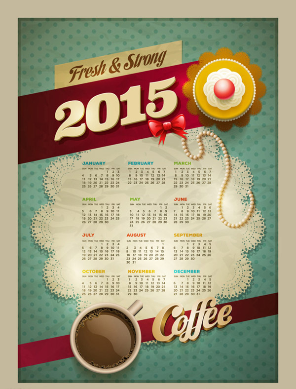 2015 Vintage calendar with coffee vector  