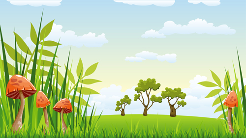 Cartoon mushrooms with nature scenery vector 02  