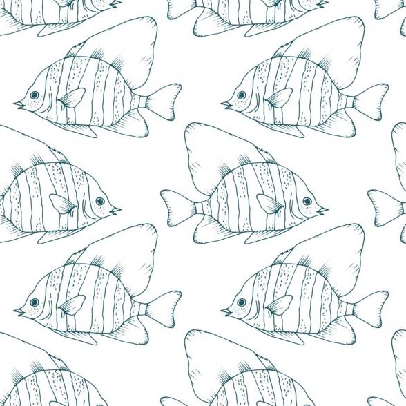 サンゴ礁の魚たち手の描かれたベクターのシームレスなパターン 12  