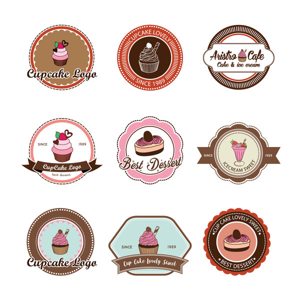 Cup cake badge with labels retro vector 04  