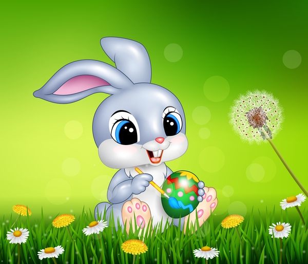 Cute little bunny with green easter background vector 01  