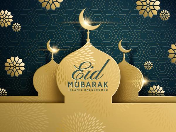 Eid mubarak fond sombre avec le vecteur de bâtiment d'or 01  