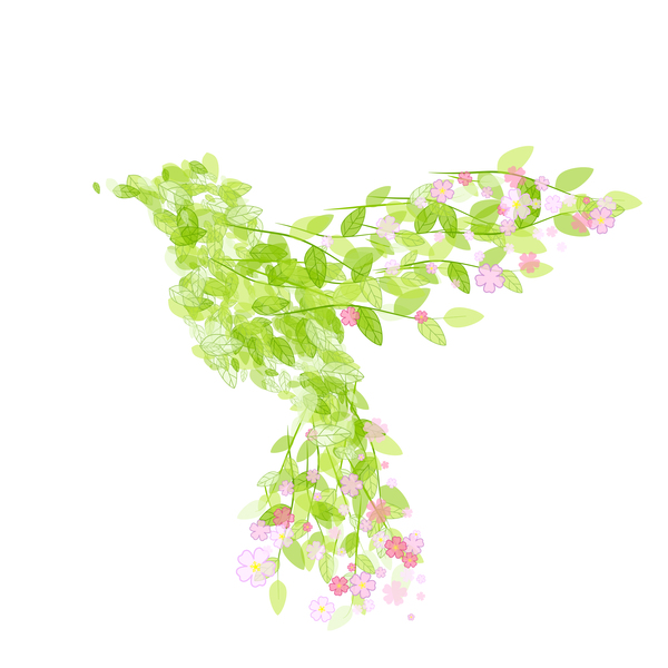 Grünblätter mit Blumen- und Vogelfrühlingsvektor 06  